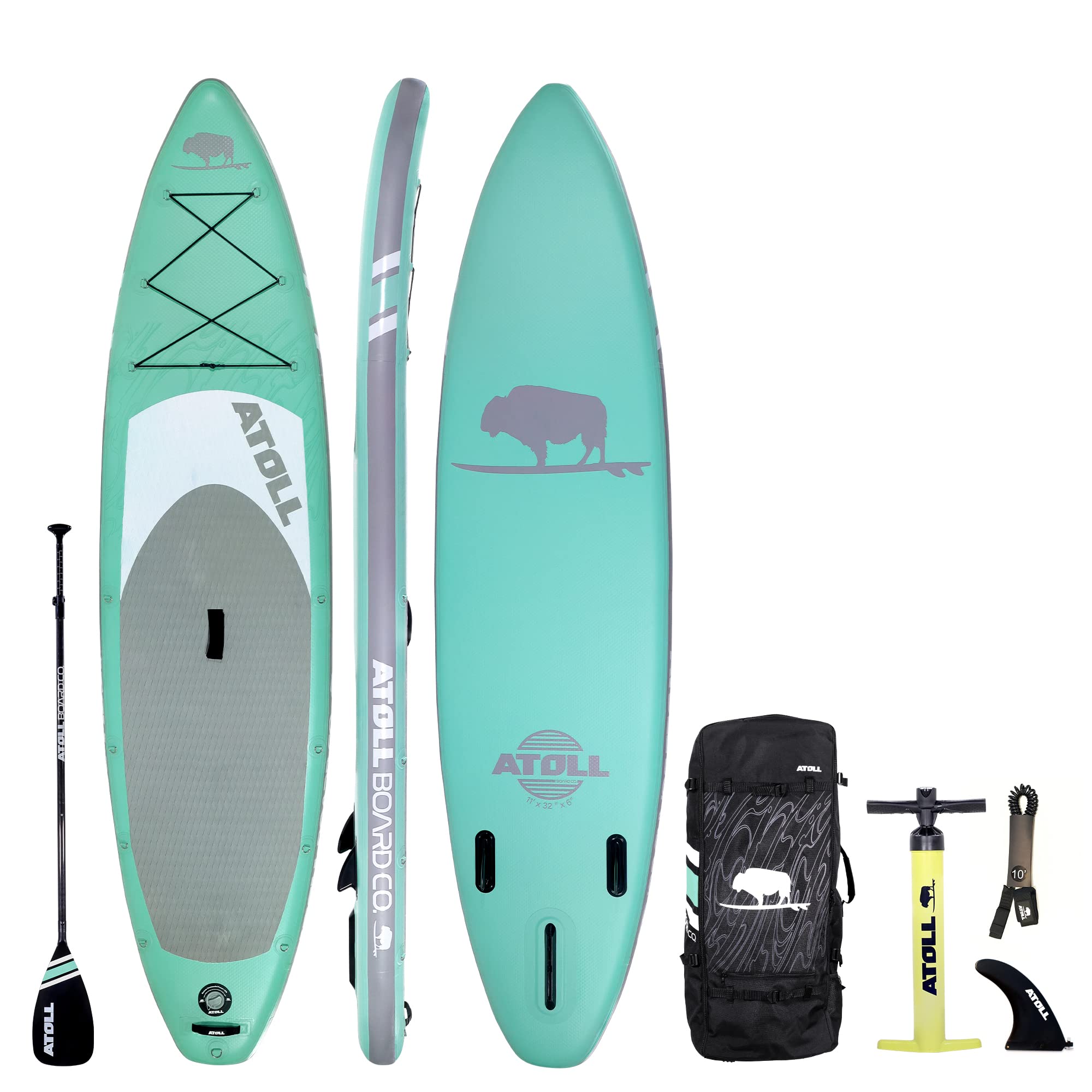 Atoll 11' Feet Inflatable Stand Up Paddle Board (6 Inches Thick, 32 inches Wide) ISUP, Bravo Hand Pump and 3 Piece Paddle, Travel Backpack and Accessories New Leash Included (Aqua Marine)