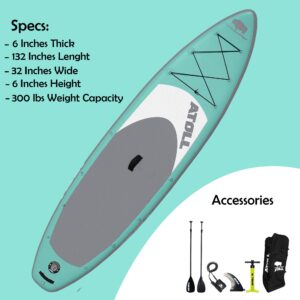 Atoll 11' Feet Inflatable Stand Up Paddle Board (6 Inches Thick, 32 inches Wide) ISUP, Bravo Hand Pump and 3 Piece Paddle, Travel Backpack and Accessories New Leash Included (Aqua Marine)