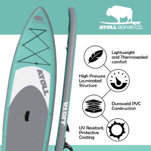 Atoll 11' Feet Inflatable Stand Up Paddle Board (6 Inches Thick, 32 inches Wide) ISUP, Bravo Hand Pump and 3 Piece Paddle, Travel Backpack and Accessories New Leash Included (Aqua Marine)