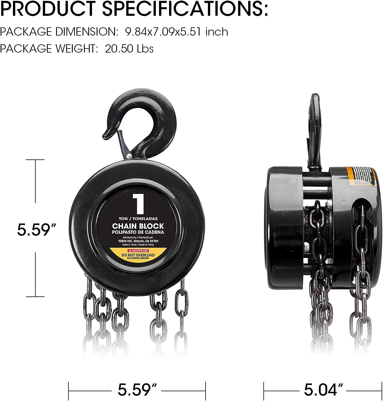 Torin ATR9010B Manual Hand Lift Steel Chain Block Hoist with 2 Heavy Duty Hooks, 1 Ton (2,000 lb) Capacity,8ft/2.5m Black