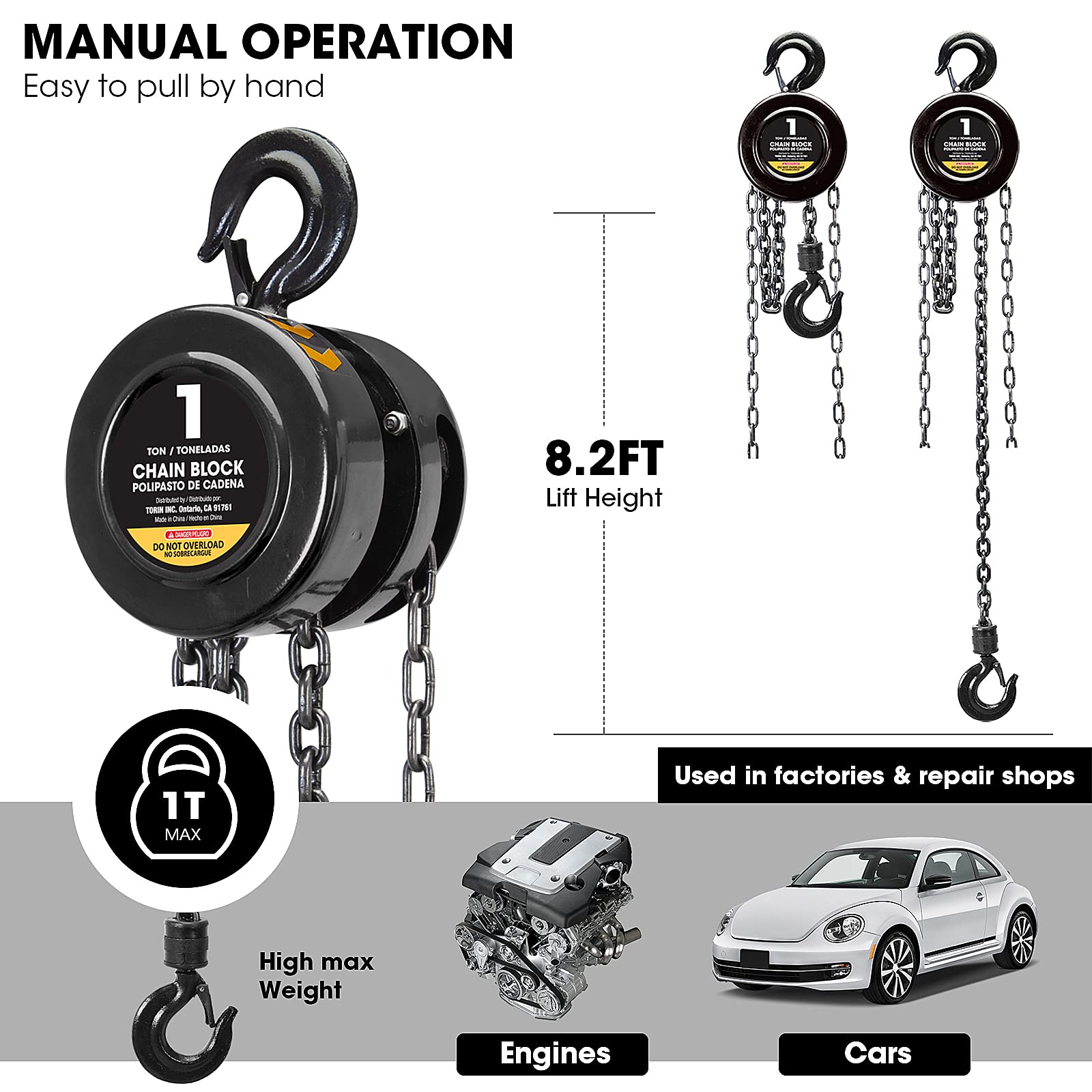 Torin ATR9010B Manual Hand Lift Steel Chain Block Hoist with 2 Heavy Duty Hooks, 1 Ton (2,000 lb) Capacity,8ft/2.5m Black