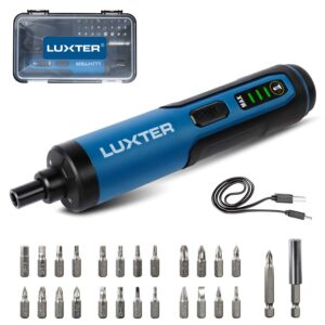 luxter cordless screwdriver with 26 bits, adjustable torque,3.6 v, 2.0 ah li-ion battery with battery indicator, 2 directions of rotation, led light, type c usb charging cable