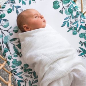 POPPI & MAX: 100% Organic Bassinet Sheets – Premium Jersey Cotton 3-Sheet Set for Baby Girl or Boy | Fitted Sheets for Oval, Rectangle, Halo Bassinet Pads & Moses Basket | Boho Floral Eucalyptus Leaf