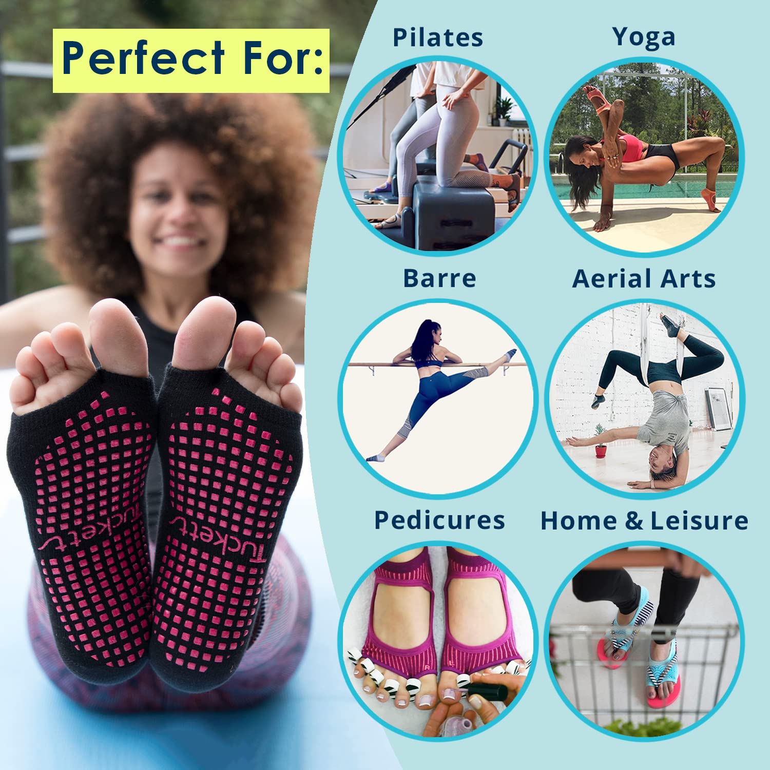 Tucketts Allegro Toeless Non-Slip Grip Socks - Anti Skid Yoga, Barre, Pilates, Home & Leisure, Pedicure - S/M - 2 pairs Black/Grey-Blush