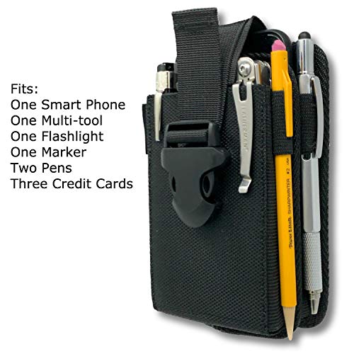 Nylon Dual Pocket Phone Holster. Belt Clip Pouch with Adjustable Quick Release Buckle Closure. Carry Two Phones, Face Mask, Notepad, Insulin Pump, Multi-Tool or Utility Knife.