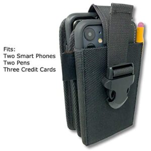 Nylon Dual Pocket Phone Holster. Belt Clip Pouch with Adjustable Quick Release Buckle Closure. Carry Two Phones, Face Mask, Notepad, Insulin Pump, Multi-Tool or Utility Knife.