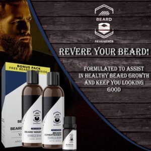 Beard Shampoo & Conditioner Set – Includes Free Beard Oil - All Natural Beard Care Softener for Beard Growth w/Argan and Jojoba Oils - Vanilla Scent – 5oz each