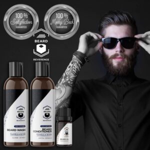 Beard Shampoo & Conditioner Set – Includes Free Beard Oil - All Natural Beard Care Softener for Beard Growth w/Argan and Jojoba Oils - Vanilla Scent – 5oz each