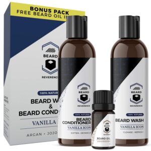 Beard Shampoo & Conditioner Set – Includes Free Beard Oil - All Natural Beard Care Softener for Beard Growth w/Argan and Jojoba Oils - Vanilla Scent – 5oz each