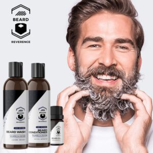 Beard Shampoo & Conditioner Set – Includes Free Beard Oil - All Natural Beard Care Softener for Beard Growth w/Argan and Jojoba Oils - Vanilla Scent – 5oz each