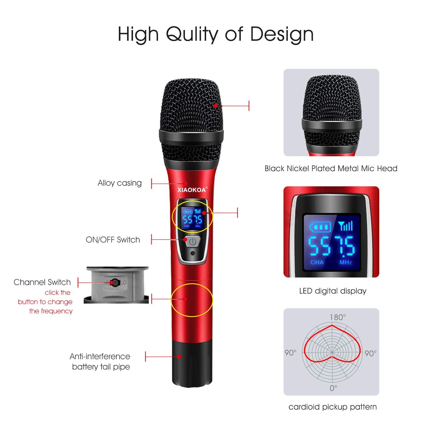 XIAOKOA Wireless Microphones,Dual UHF Karaoke Wireless Microphone System with Rechargeable Receiver for Party, Meeting,Church,Wedding