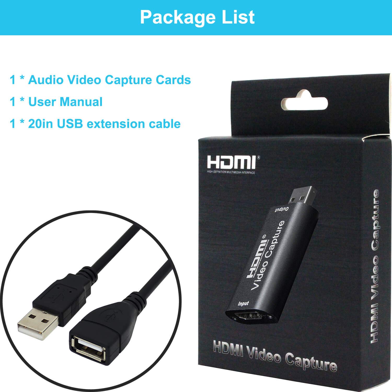 BlueAVS HDMI to USB Video Capture Card 1080P for Live Video Streaming Record via DSLR Camcorder Action Cam - Capture 1080P@30Hz (Metal-Black)