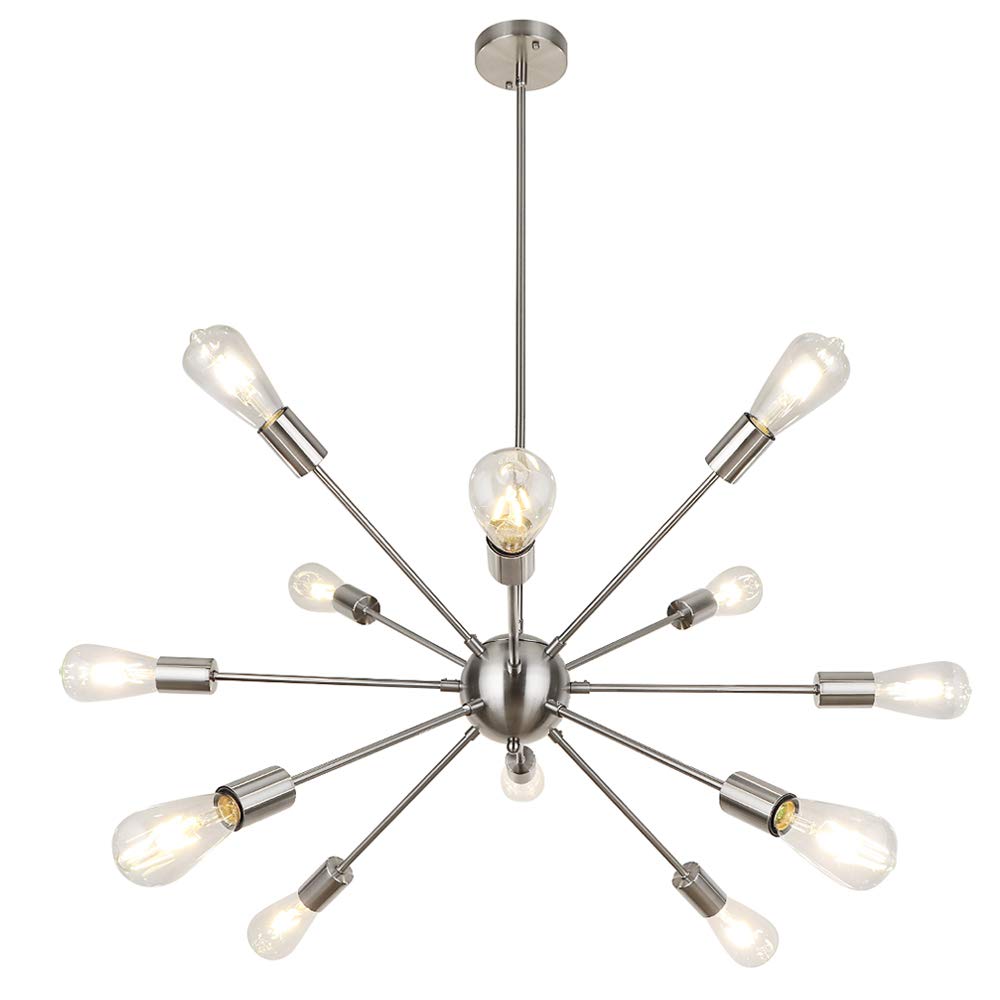 LynPon Brushed Nickel Sputnik Chandelier, 12 Lights Plating Silver Chandeliers Sputnik Light Fixture Modern Ceiling Light Mid Century Lighting for Dining Room Living Room Kitchen Foyer Bedroom