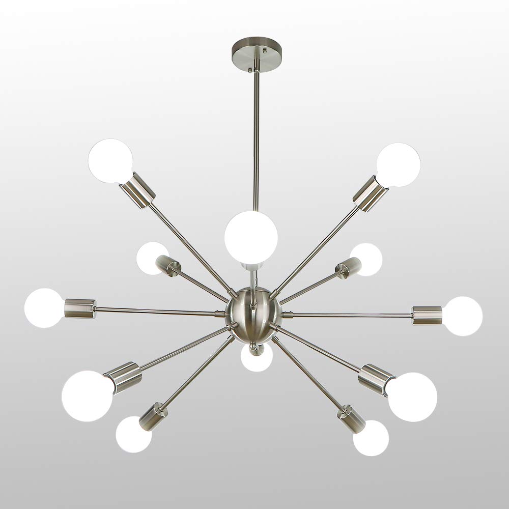 LynPon Brushed Nickel Sputnik Chandelier, 12 Lights Plating Silver Chandeliers Sputnik Light Fixture Modern Ceiling Light Mid Century Lighting for Dining Room Living Room Kitchen Foyer Bedroom