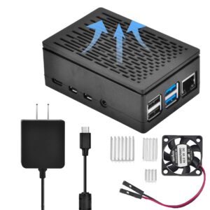 kookye raspberry pi 4 enclosure black+type c power supply usb-c 5.1v 3a+heat sinks+cooling fan