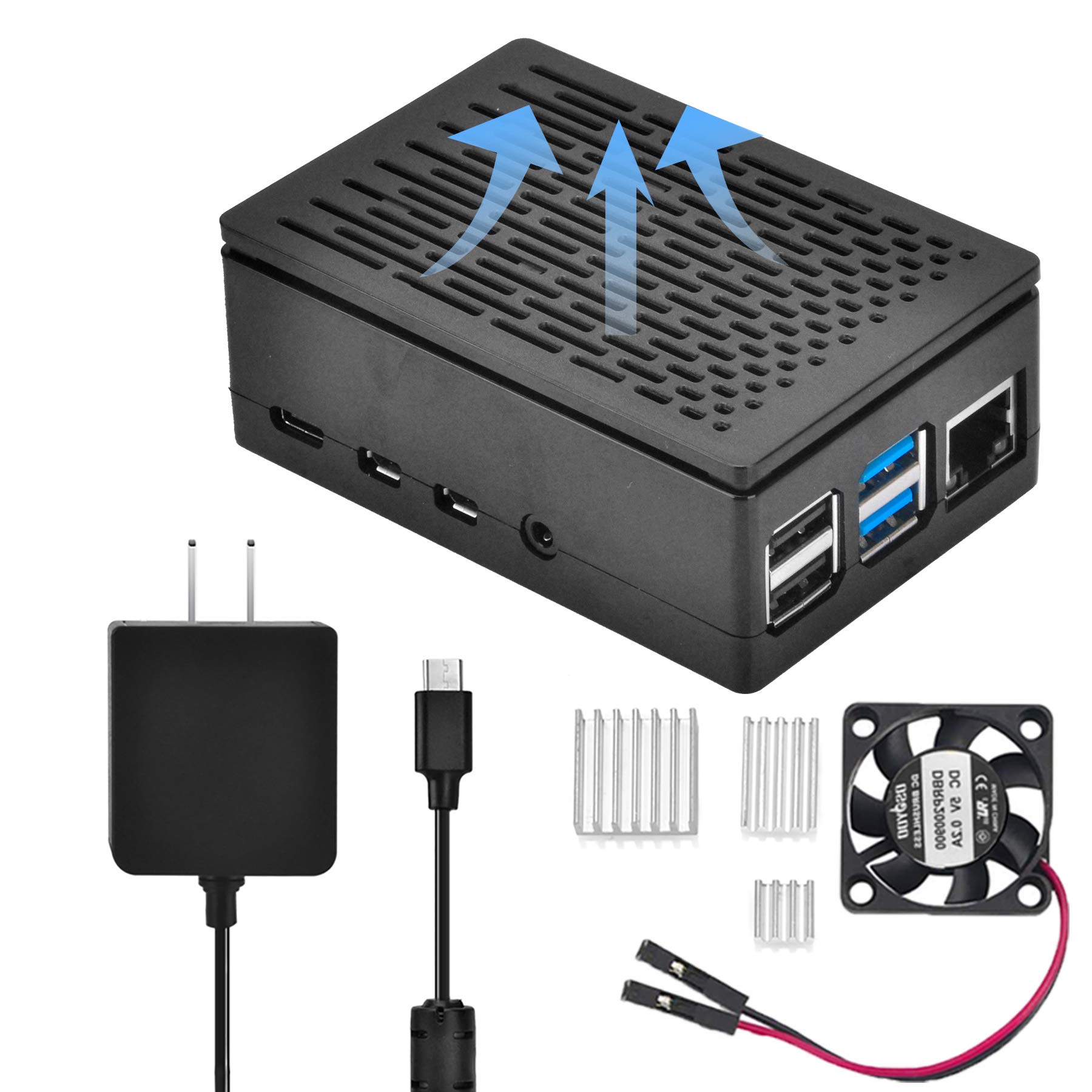 KOOKYE Raspberry Pi 4 Enclosure Black+Type C Power Supply USB-C 5.1V 3A+Heat Sinks+Cooling Fan