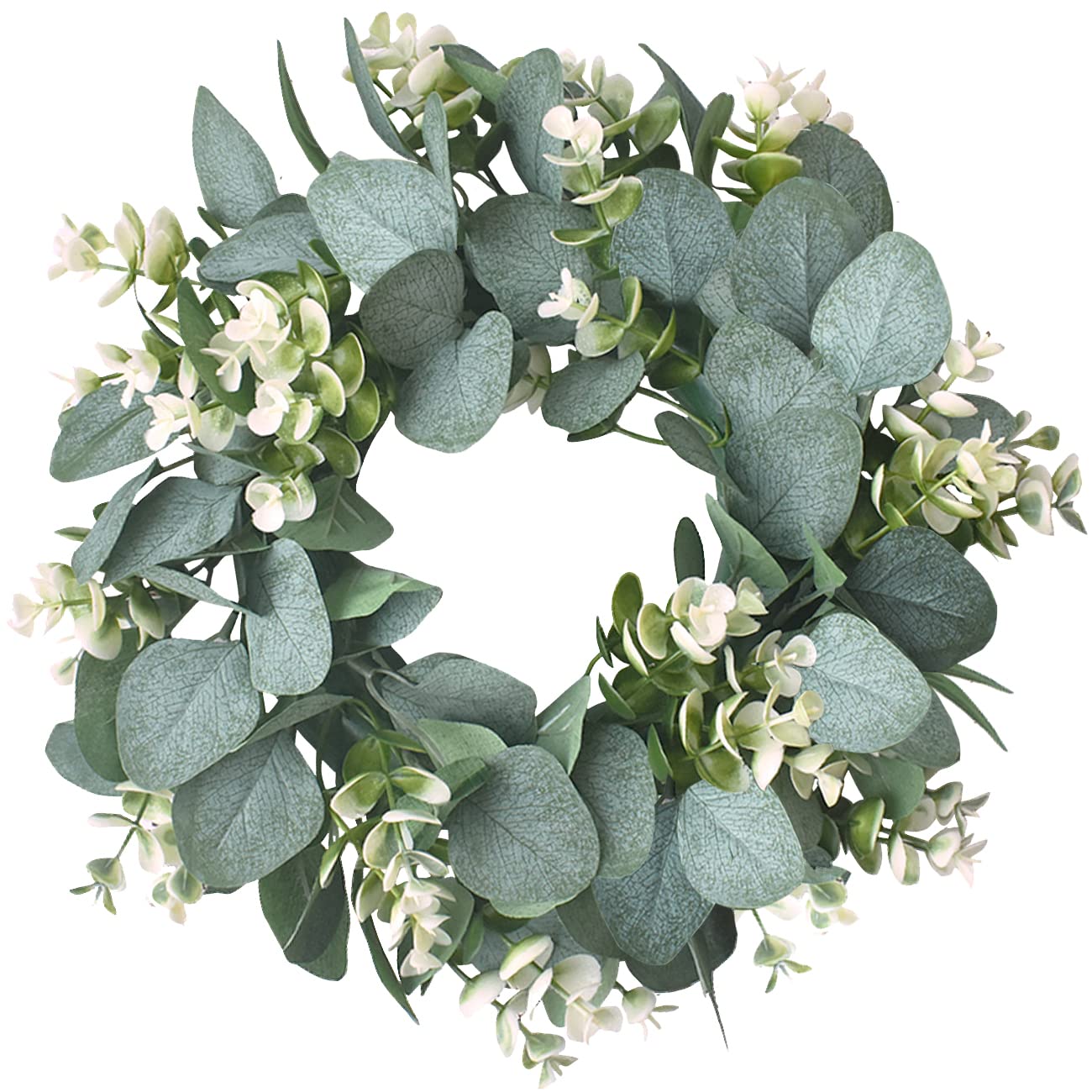 IRONLAND 12" Artificial Eucalyptus Wreath for Front Door Small Spring Summer Wreath Little Green Leaves Wreath for Farmhouse Festival Celebration Party Home Porch Decor