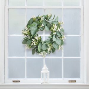 IRONLAND 12" Artificial Eucalyptus Wreath for Front Door Small Spring Summer Wreath Little Green Leaves Wreath for Farmhouse Festival Celebration Party Home Porch Decor