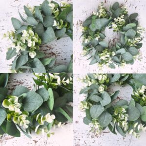 IRONLAND 12" Artificial Eucalyptus Wreath for Front Door Small Spring Summer Wreath Little Green Leaves Wreath for Farmhouse Festival Celebration Party Home Porch Decor