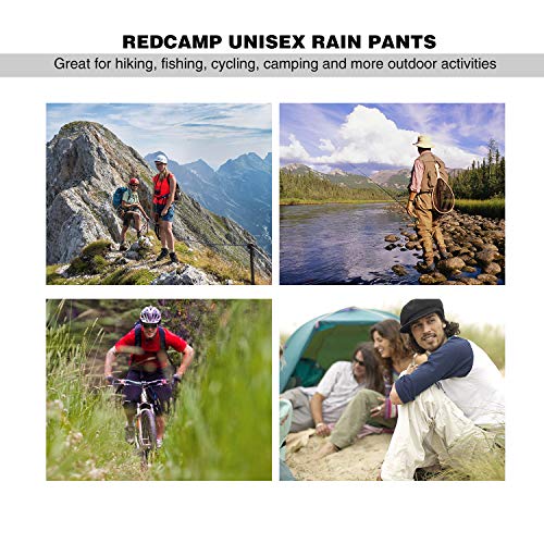 REDCAMP Unisex Rain Pants Waterproof Lightweight with Side Zipper Pockets, PU5000mm Great for Hiking Outdoor, L Black