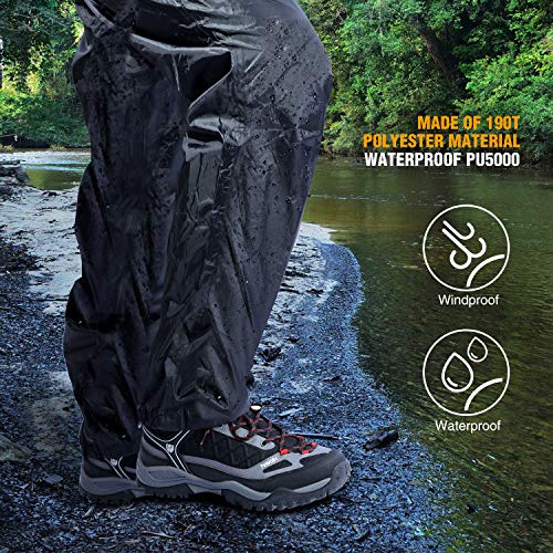 REDCAMP Unisex Rain Pants Waterproof Lightweight with Side Zipper Pockets, PU5000mm Great for Hiking Outdoor, L Black