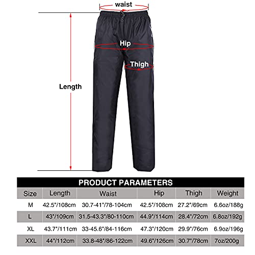 REDCAMP Unisex Rain Pants Waterproof Lightweight with Side Zipper Pockets, PU5000mm Great for Hiking Outdoor, L Black