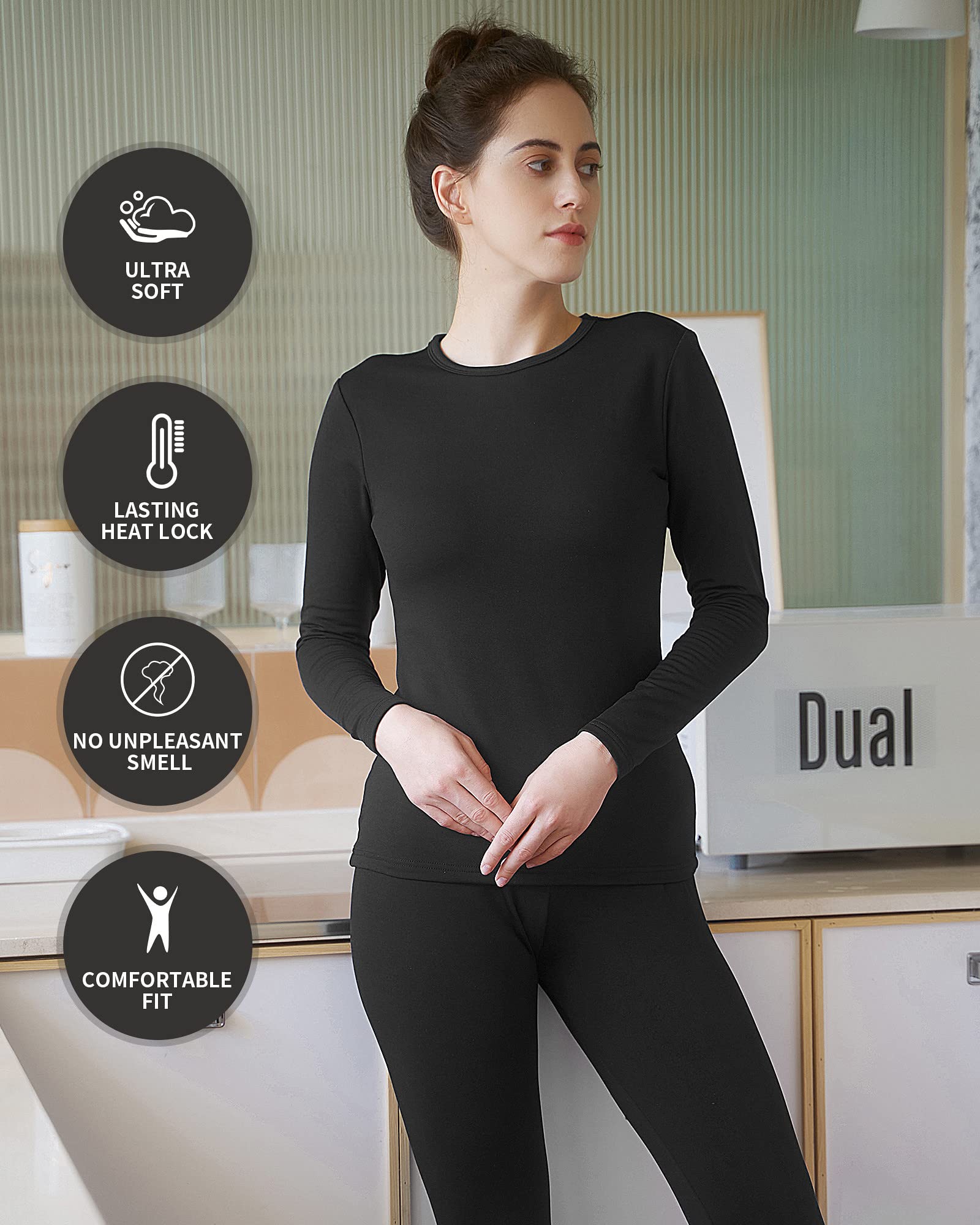 WEERTI Thermal Underwear for Women Long Johns Women with Fleece Lined, Base Layer Women Cold Weather Top Bottom（Black S）