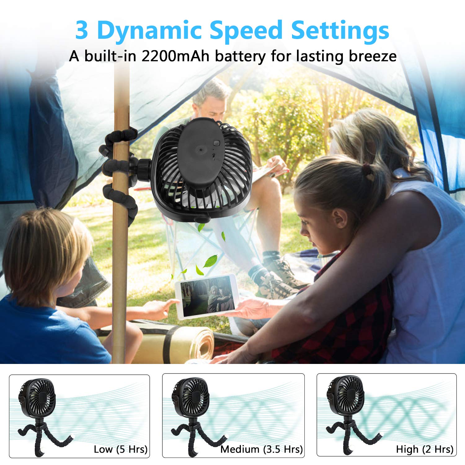 DR.PREPARE Stroller Fan, Portable Handheld Fan Battery Powered Clip On Fan Personal Desk Baby Fan with Flexible Tripod, 3 Speed Settings, 360ºRotation, USB Fan for Stroller, Camp, Car, Travel, Gym