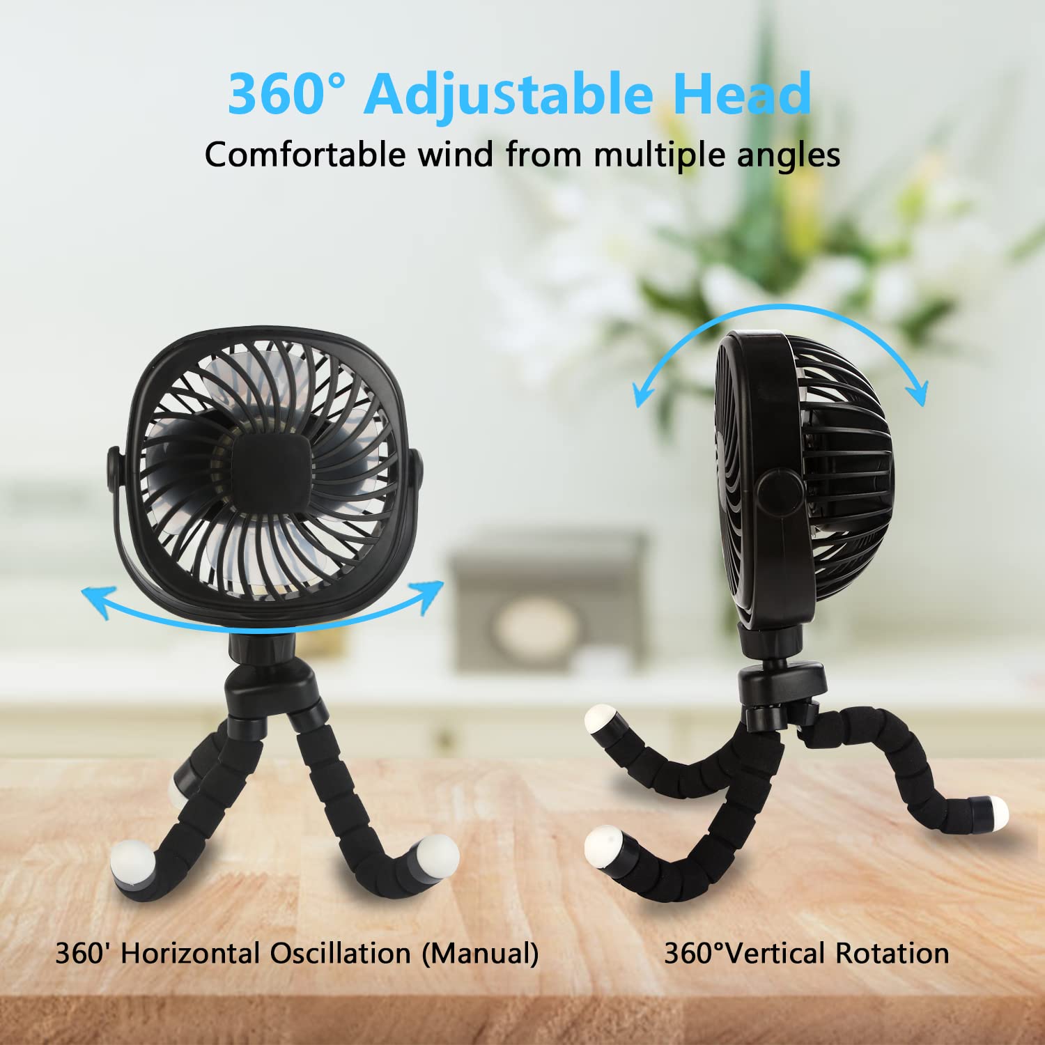 DR.PREPARE Stroller Fan, Portable Handheld Fan Battery Powered Clip On Fan Personal Desk Baby Fan with Flexible Tripod, 3 Speed Settings, 360ºRotation, USB Fan for Stroller, Camp, Car, Travel, Gym