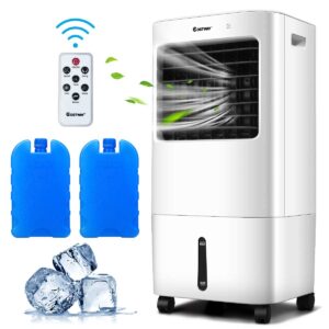 costway evaporative cooler, 3-in-1 cooler, fan and humidifier with 7.5h timer, 4 speeds and 3 modes, remote control, portable air cooler with 4 wheels, 2 ice boxes for home office