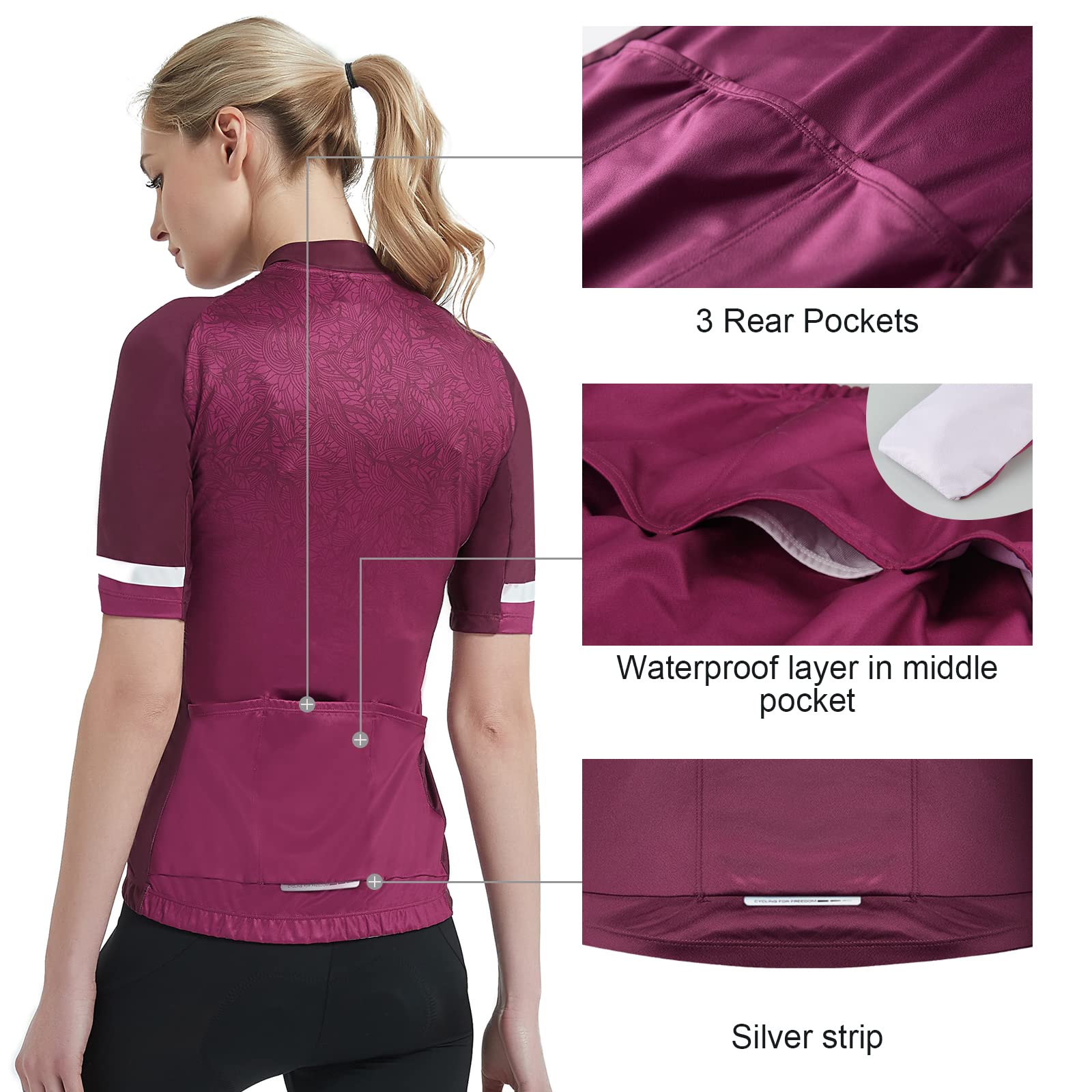 Santic Women’s Cycling Jersey Short Sleeve Bicycle Jacket Bike Shirt Breathable Quick Dry Reflective Biking Tops Andrea B-Wine Red