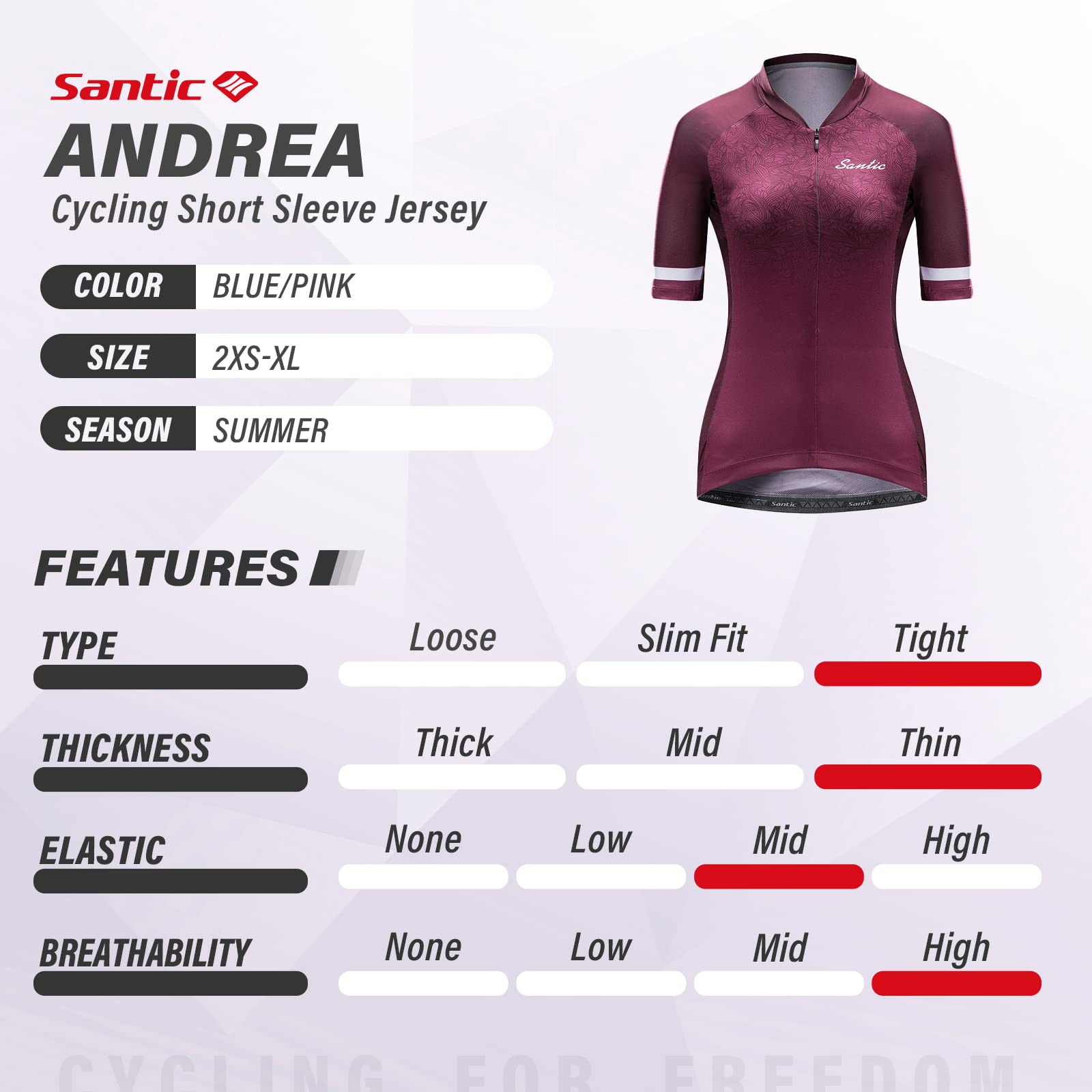 Santic Women’s Cycling Jersey Short Sleeve Bicycle Jacket Bike Shirt Breathable Quick Dry Reflective Biking Tops Andrea B-Wine Red