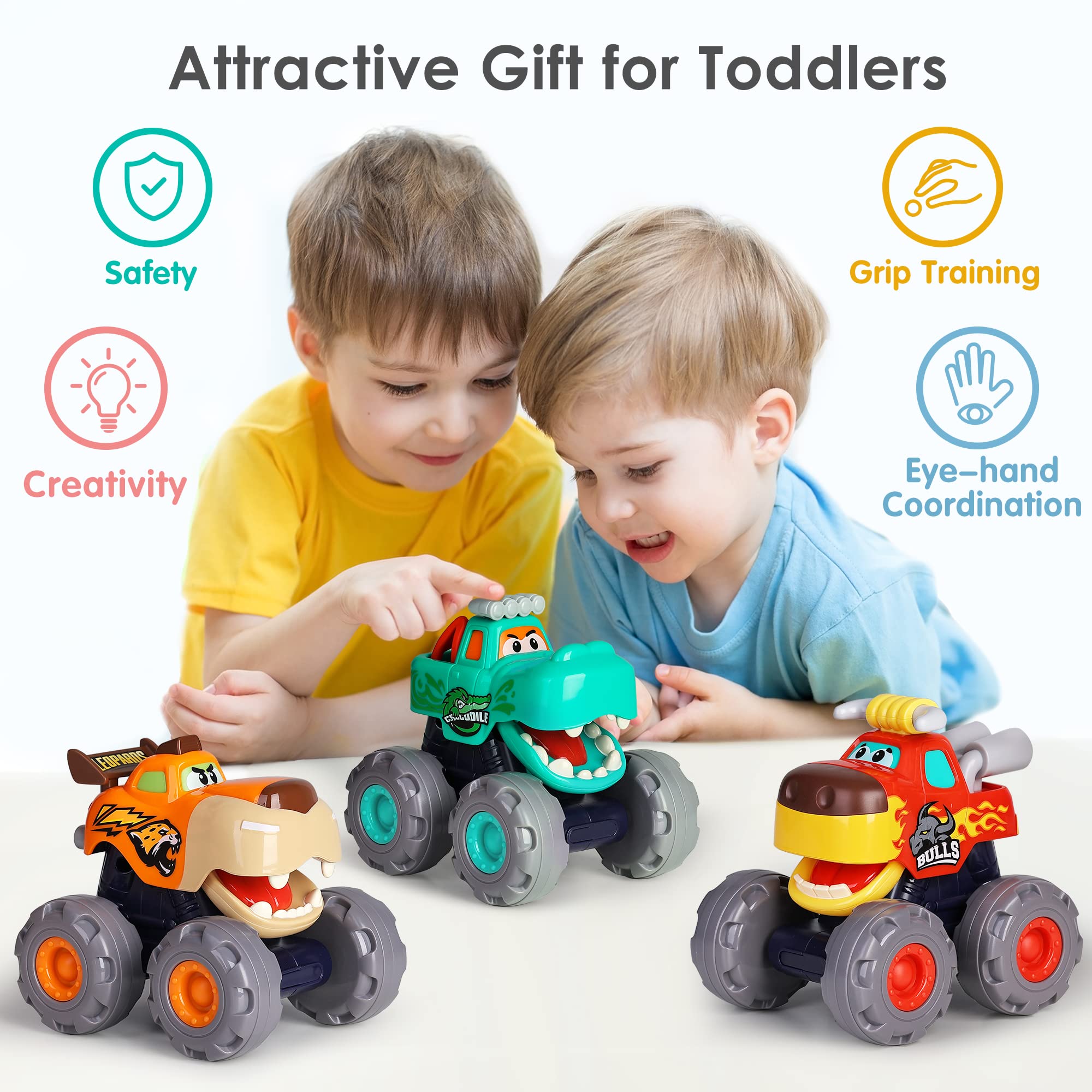 iPlay, iLearn Toddler Monster Truck Toys, Baby Cars for 1 2 3 Year Old Boy, BigWheels Play Vehicles, Pull Back, Friction Powered, Push Go Animal Car, Cool Birthday Gifts for 12 18 24 Month Kids Girls