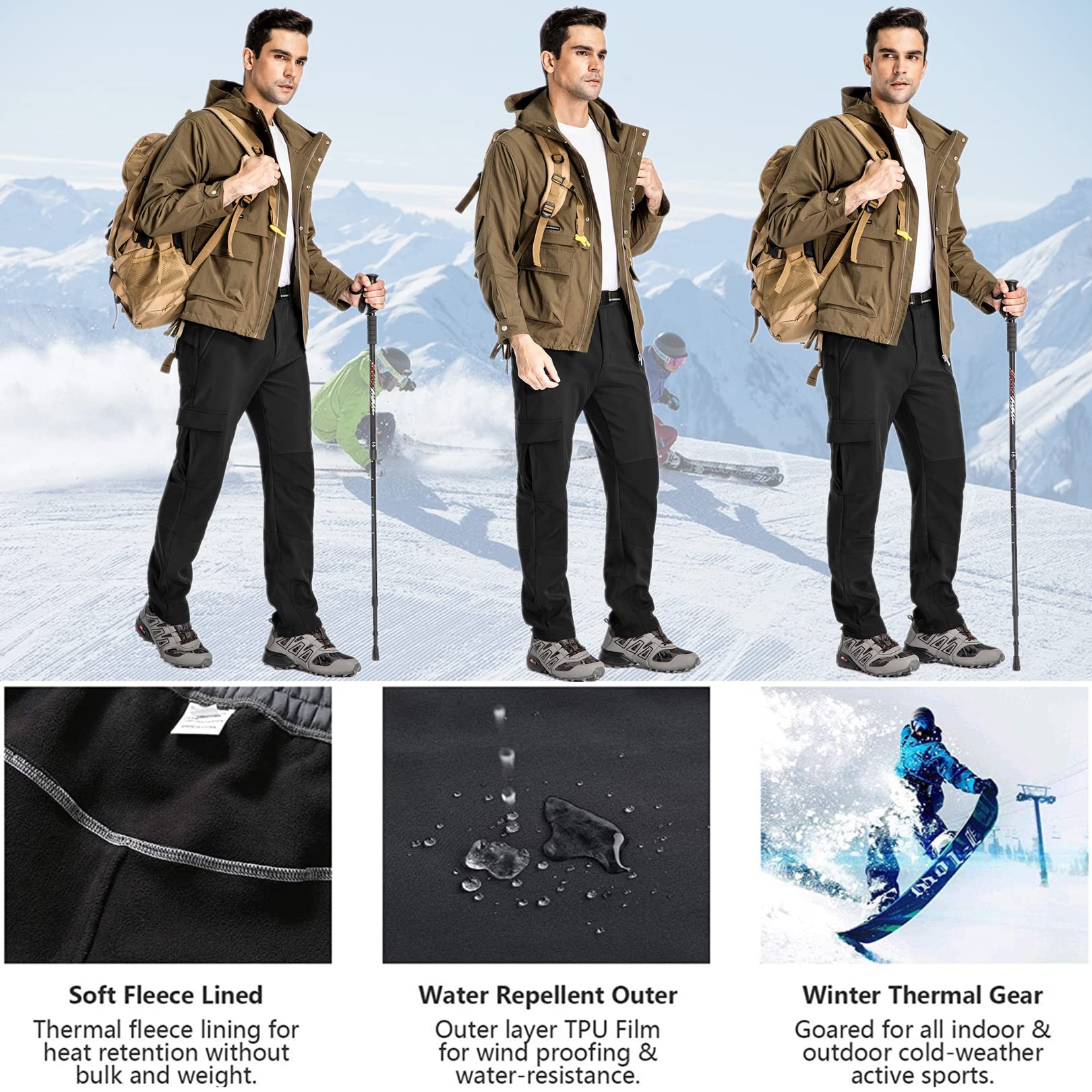 Jessie Kidden Mens Waterproof Hiking Pants, Outdoor Snow Ski Fishing Fleece Lined Insulated Soft Shell Winter Pants (6068 Grey 30)