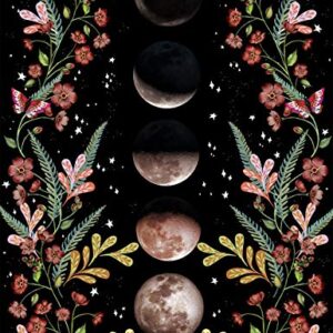 Fendio Black Moonlit Garden Tapestry, Moon Phase Star Surrounded by Flowers Vine Black Wall Hanging Blanket for Room