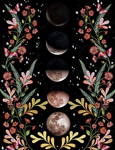 Fendio Black Moonlit Garden Tapestry, Moon Phase Star Surrounded by Flowers Vine Black Wall Hanging Blanket for Room