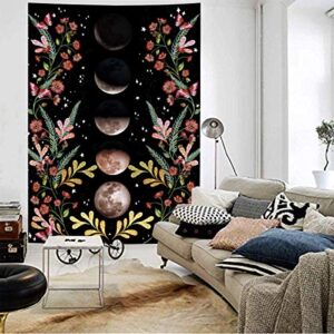 Fendio Black Moonlit Garden Tapestry, Moon Phase Star Surrounded by Flowers Vine Black Wall Hanging Blanket for Room