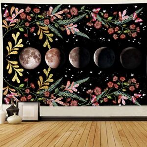 Fendio Black Moonlit Garden Tapestry, Moon Phase Star Surrounded by Flowers Vine Black Wall Hanging Blanket for Room