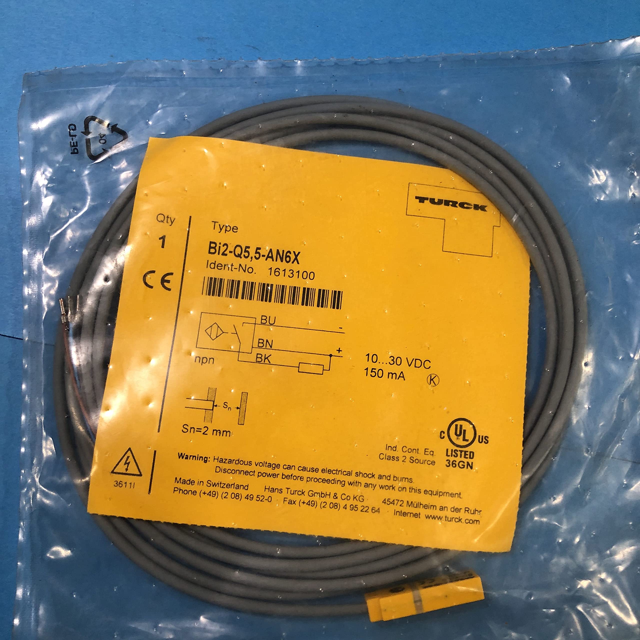 TURCK BI2-Q5.5-AN6X Proximity Sensor, 3 Wire DC NPN Output, 2mm Range, 2 Meter Cable