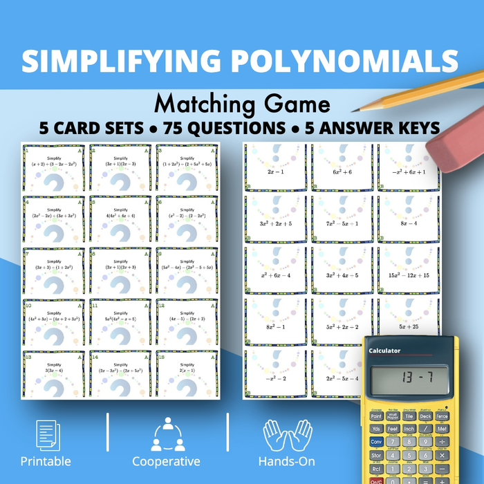 Algebra: Simplifying Polynomials Level 1 Matching Game