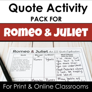 quote activities for romeo and juliet with quote analysis, graffiti & google drive link for print and online classrooms