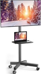 mobile tv cart with wheels for 23 to 60 inch lcd led 4k flat curved screen tvs, height adjustable shelf trolley floor stand holds up to 55lbs, monitor holder tray max vesa 400x400mm pstvmc04w white