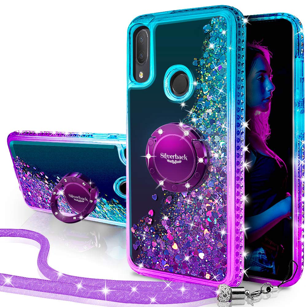 Silverback Alcatel 3V 2019 Case, Moving Liquid Holographic Sparkle Glitter Case with Kickstand, Bling Diamond Bumper Ring Slim Protective Alcatel 3V 2019 Case for Girls Women -Purple