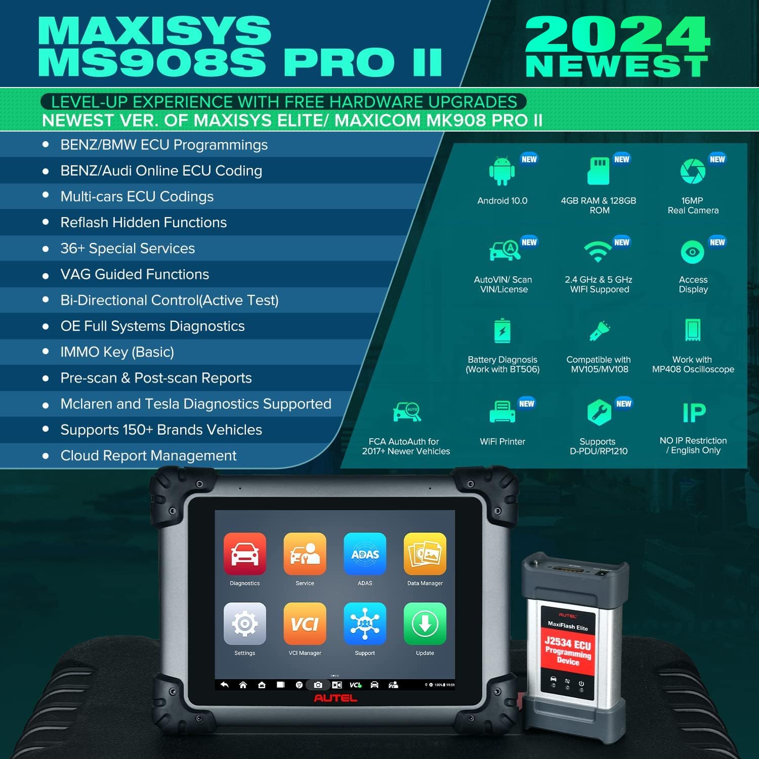 Autel MaxiSYS MS908S PRO II: 2024 J2534 ECU Programming Coding Adaption, Level-Up of MS908S Pro Elite MK908P II, Same Programming As MSUltra MS919 Elite II PRO, AutoScan 2.0, Active Test 36+ Services