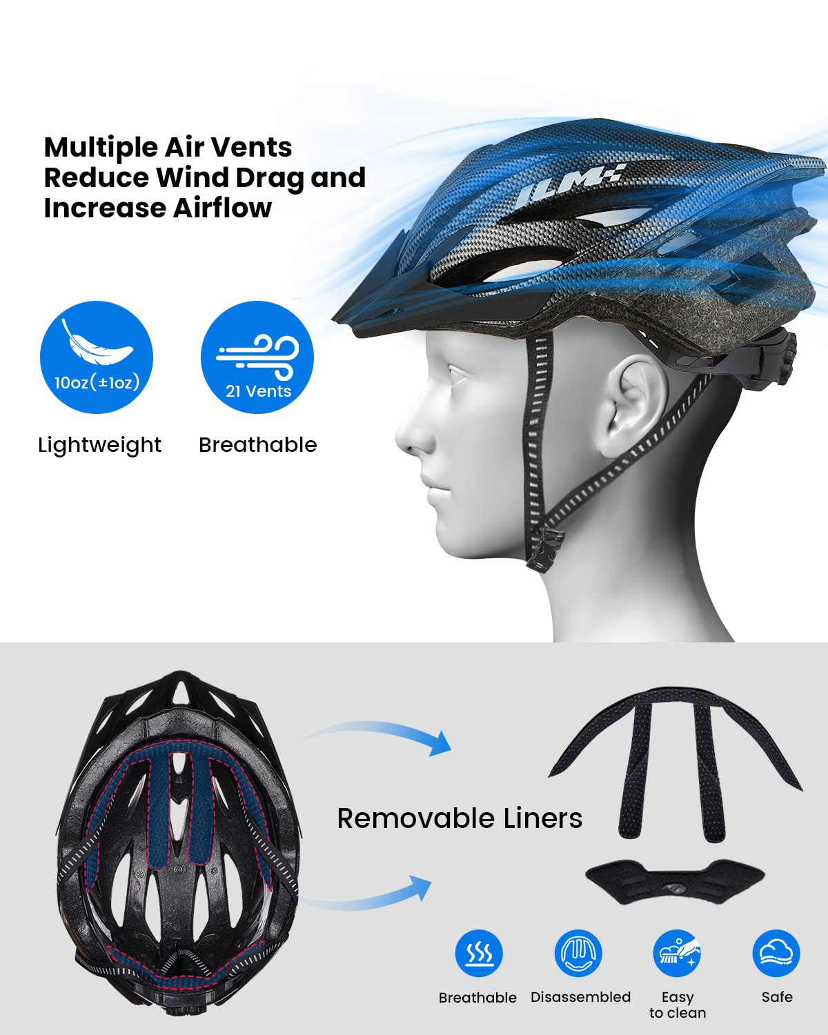 ILM Adult Men & Women Bike Bicycle Helmet, Lightweight Child Youth Mountain Road Cycling Helmets with Dial Fit Adjustment Model B2-21 (Carbon, XXL)