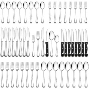 wildone 24-piece flatware set with steak knives, stainless steel silverware cutlery set service for 4, tableware eating utensils include knives/forks/spoons, mirror polished, dishwasher safe