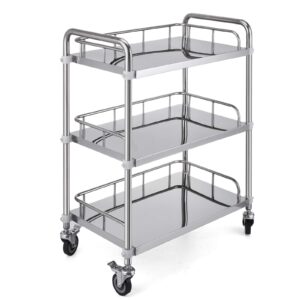 VEVOR Lab Rolling Cart 3 Shelves Shelf Stainless Steel Rolling Cart Catering Dental Utility Cart Commercial Wheel Dolly Restaurant Dinging Utility Services (23.4" x 15.6" x 33.2")