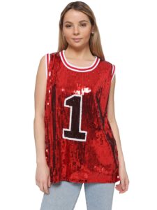 anna-kaci sparkle glitter hip hop t-shirt top tunic basketball sequins tank vests, red, large