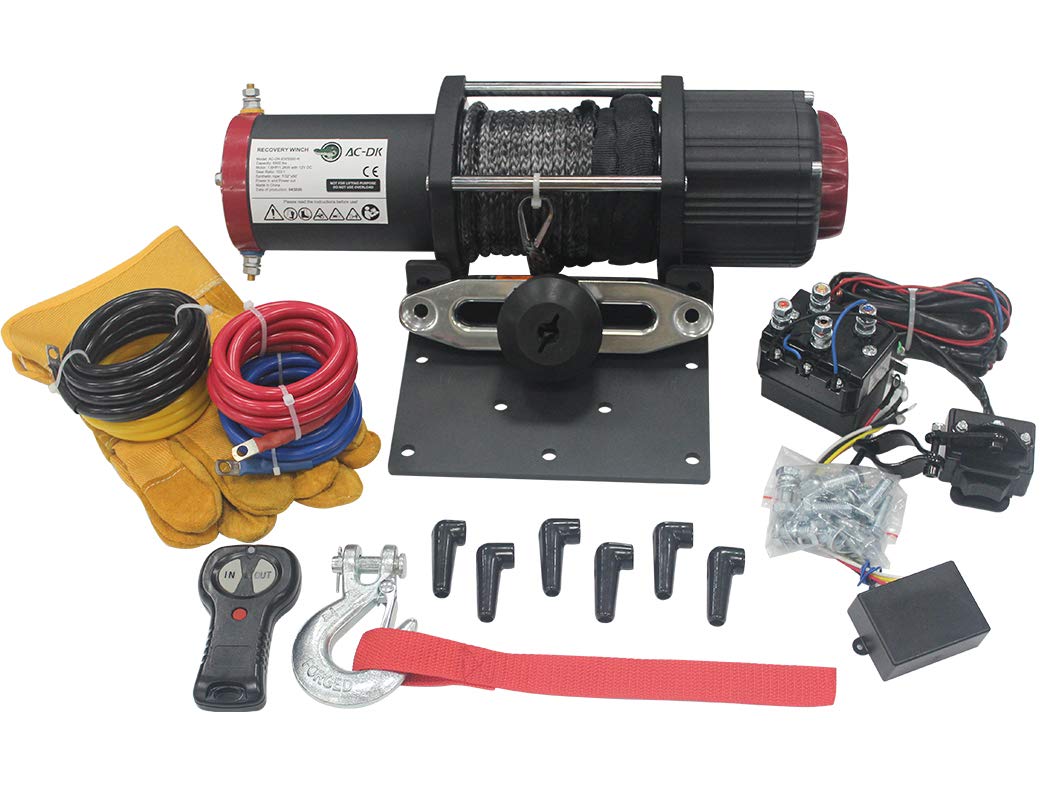 AC-DK 5500lb. Electric Synthetic Rope ATV Winch Kits, 12V Winch for Towing ATV/UTV Off Road Trailer, IP67 Waterproof Winch with Wireless Remote Control Mounting Bracket(5500 lbs Winch)