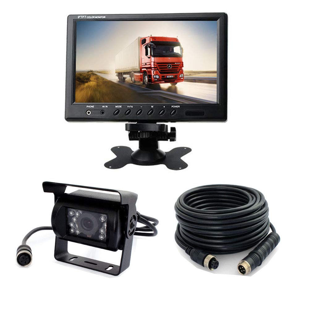 Vehicle Backup Camera and 9 inch Screen Monitor Kit + IR Night Vision Reverse Rear View Parking Camera System with 4 Pin 15m Cable for Bus RV Truck Trailer Camper Motorhome